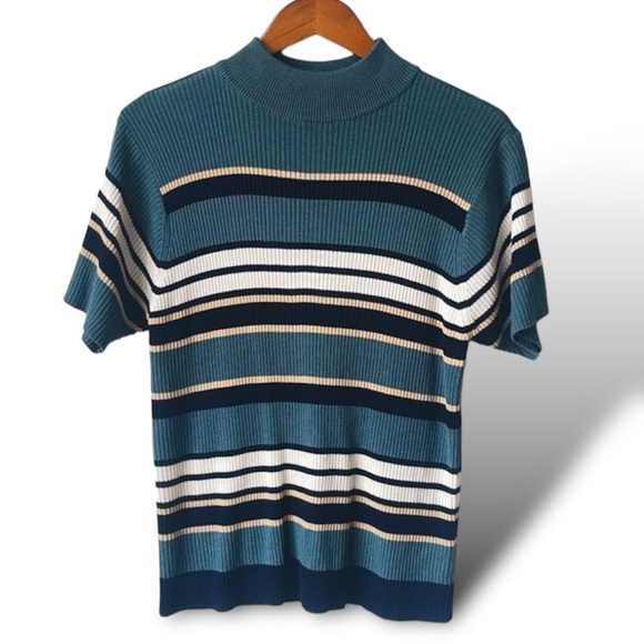 Vintage August Silk Women's Short Sleeve Mock Neck Striped Sweater - Picture 1 of 4
